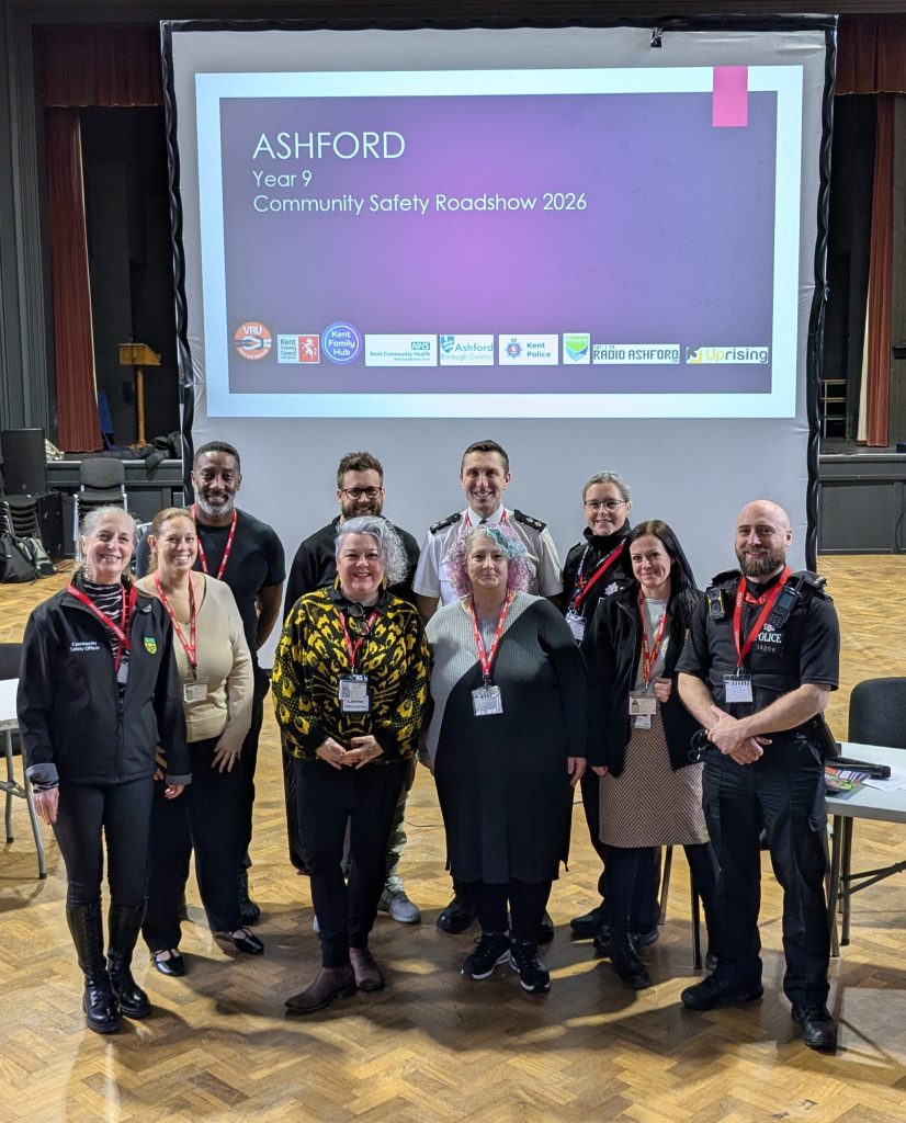 A picture of Caley from Kent VRU and the partners that took part in the school roadshows